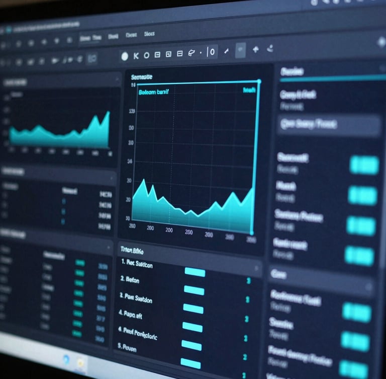 Macro shot of a dark-mode terminal showing real-time telemetry, neon cyan data visualizations, sharp focus, 35mm lens