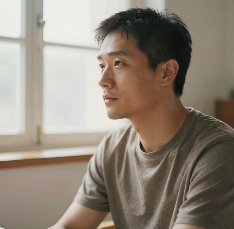Candid non-staged portrait of a man in a reflective quiet moment of caregiving, soft diffused natural light, warm tones