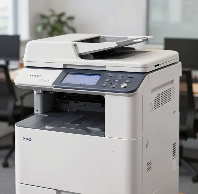 A crisp product shot of a high-volume Xerox multifunction printer in a bright, modern corporate office, clean daylight, sharp focus on the control panel