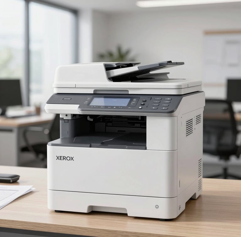 A high-resolution, crisp product shot of a Xerox multifunction printer in a bright, modern corporate office environment, natural daylight, clean composition.