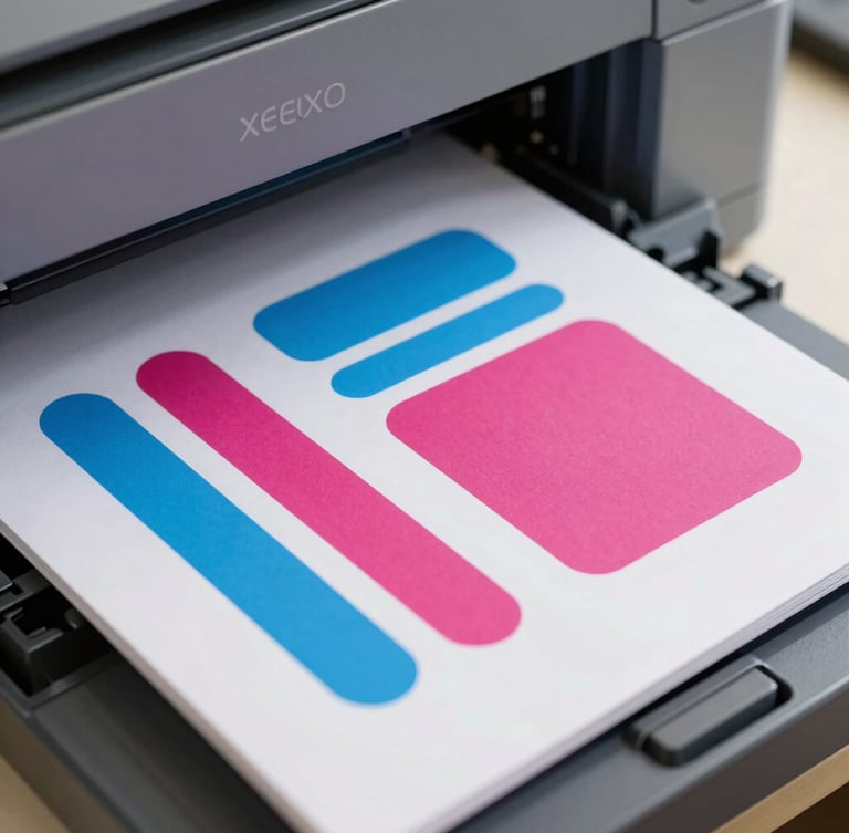 Crisp close-up of a Xerox multifunction color printer output tray, showing vibrant cyan and magenta graphics perfectly aligned on a thick paper sheet