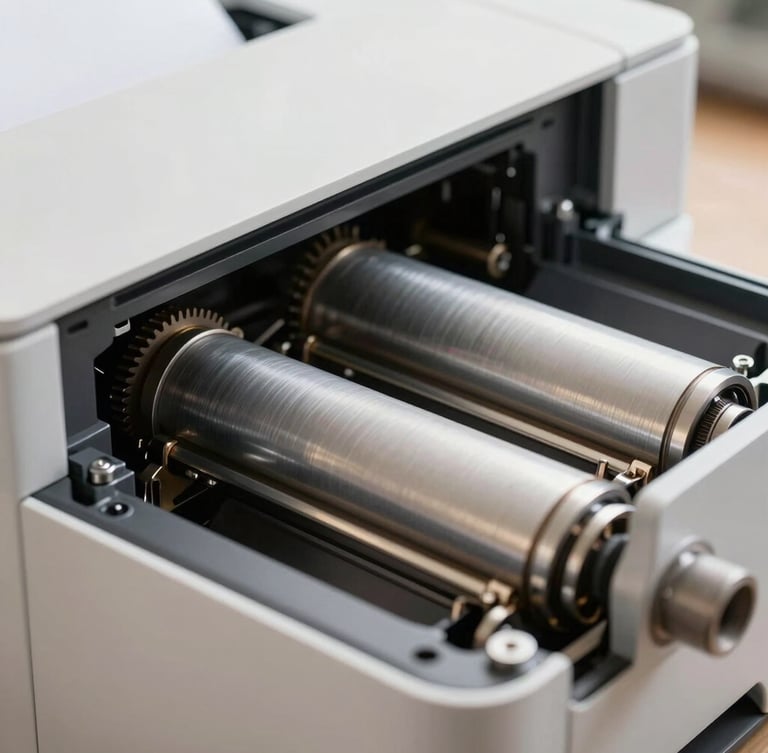 Macro detail shot of a clean, modern office printer's internal paper feed rollers and mechanical gears under bright, neutral daylight.