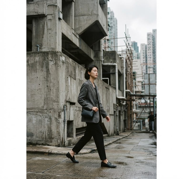 A medium-long environmental shot of a model in a structured gray linen blazer walking past a brutalist concrete wall in Hong Kong, soft overcast daylight, cool desaturated tones.