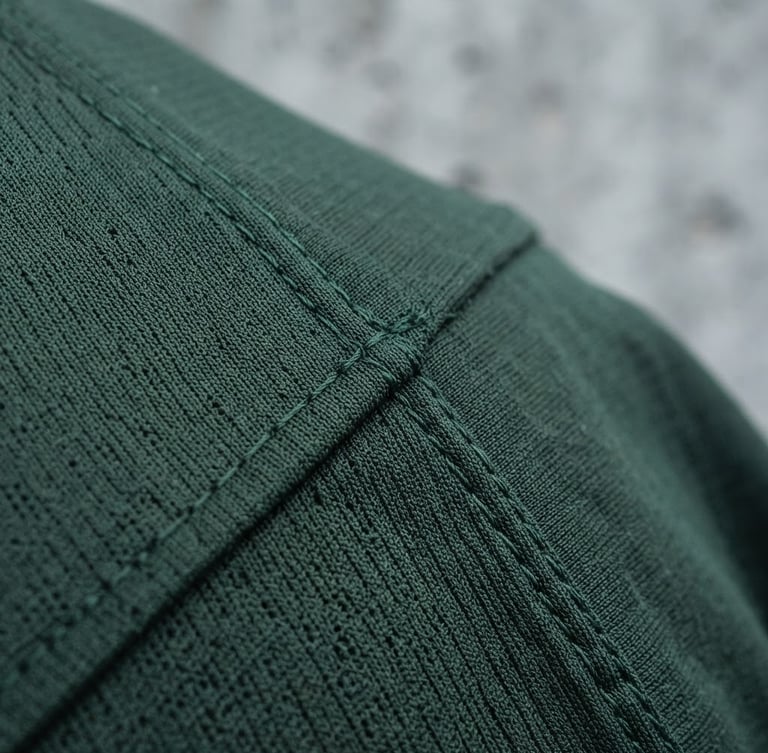 Macro close-up of dark forest green technical fabric weave, sharp focus on clean seams and breathable structure under cool overcast daylight