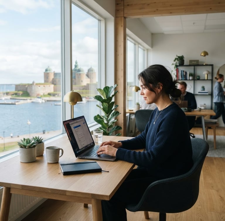 Professional workplace photography, natural Nordic daylight, coastal Baltic tones, a person working on a laptop in a modern, bright office with a view of Kalmar Castle in the distance, wide-angle, 35mm