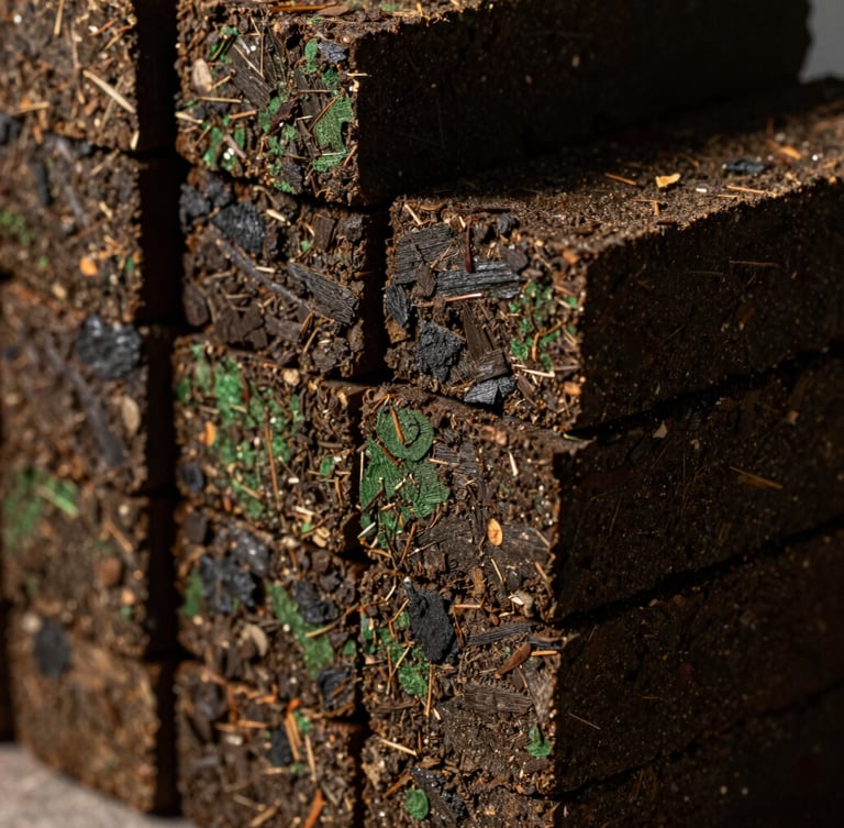 Macro close-up of dense, dark brown biomass briquettes stacked neatly, dramatic natural side-lighting, highlighting rich organic textures, 35mm photography