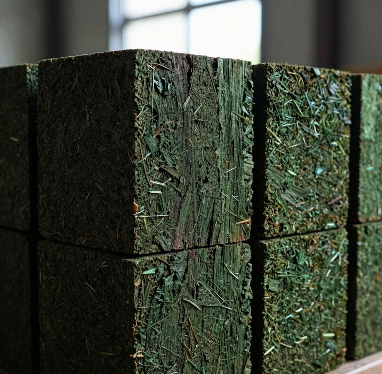 Macro close-up of high-density biomass briquettes stacked neatly, showing rich wood fiber textures, dramatic side-lighting from a high window, deep forest green and charcoal tones, sharp detail, 35mm.
