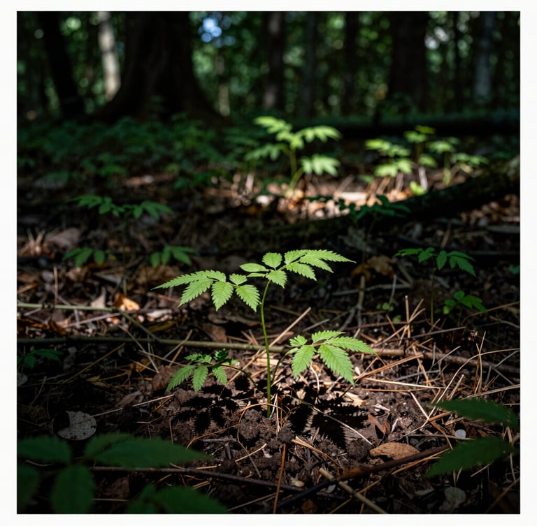 Sunlit forest floor clearing with fresh native saplings emerging from rich soil where invasive brush was recently harvested, dramatic side-lighting, 35mm.