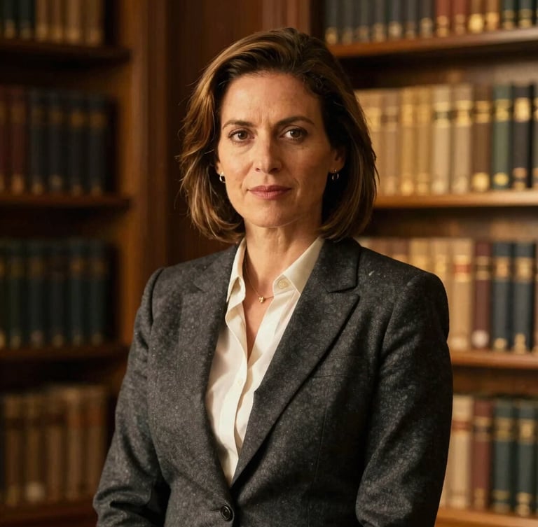 Authoritative portrait of a female academic founder in a charcoal blazer, warm golden-hour lighting, sophisticated corporate library setting.