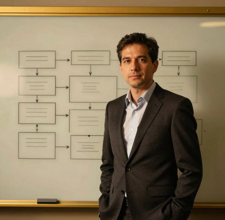 A striking corporate portrait of a business facilitator standing in front of a glass whiteboard with structured frameworks, warm high-contrast directional lighting, gold accents, 35mm lens.