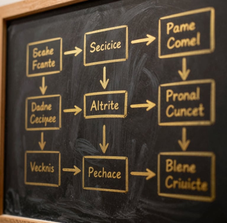 Close-up macro of a structured strategic framework drawn in gold ink on a deep charcoal glass wall, sharp focus, warm editorial lighting.