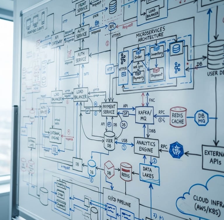 Macro shot of complex system architecture diagrams on a clean whiteboard under crisp daylight, cool blue undertones, sharp focus, 35mm lens