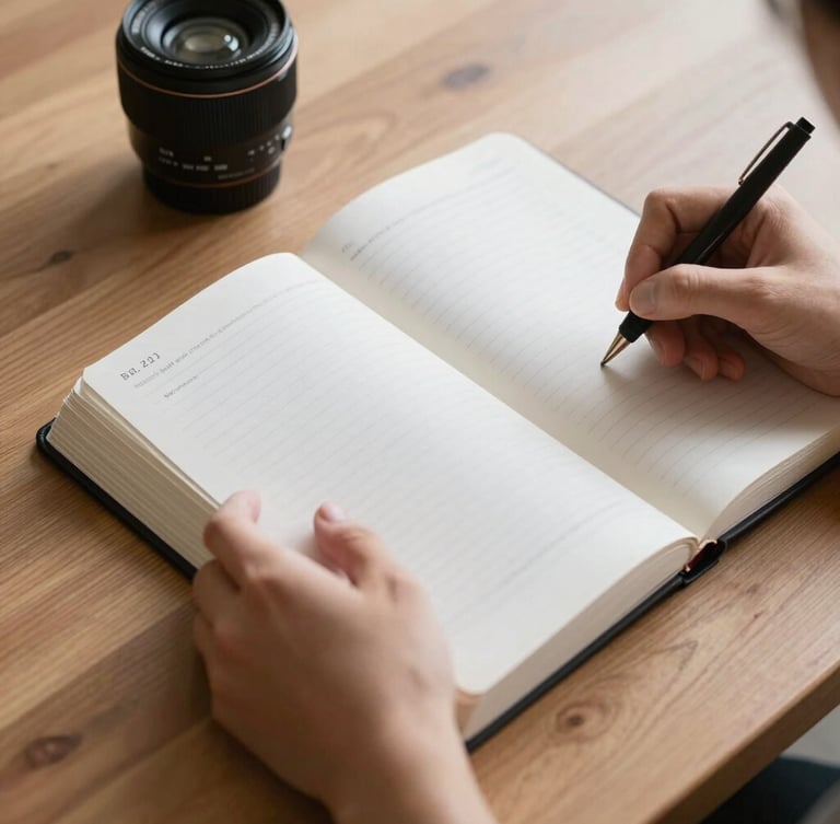 Close-up of hands holding a Bible and writing notes in a clean, modern journal. Overcast natural light illuminates the wooden table.