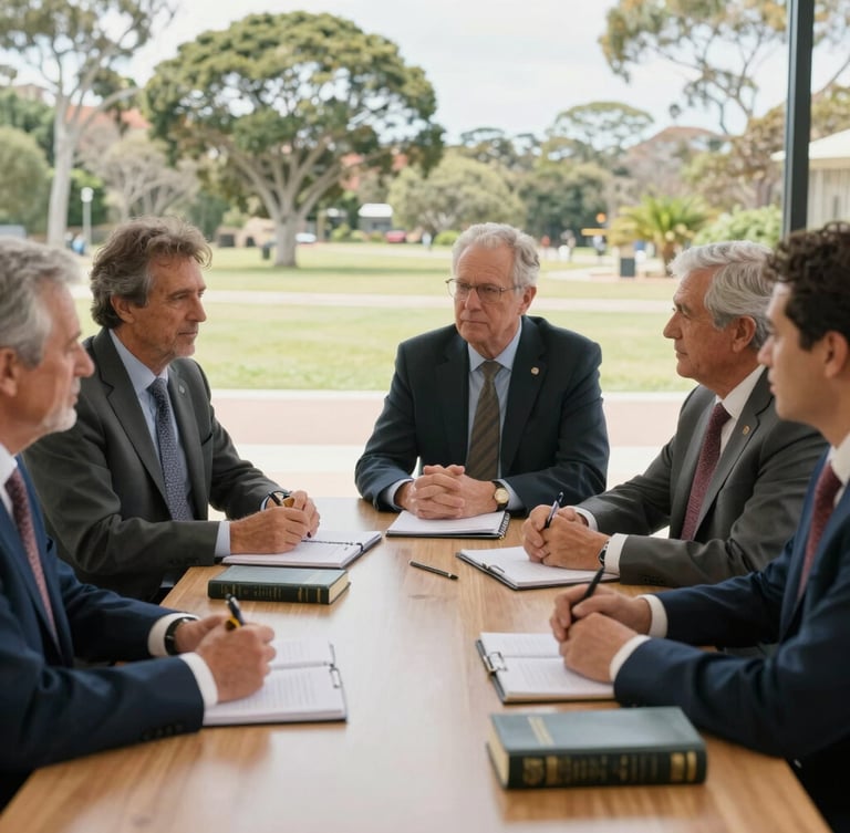 Environmental shot of leaders collaborating around a table with notebooks and Bibles, bright natural Australian daylight, medium-wide framing.