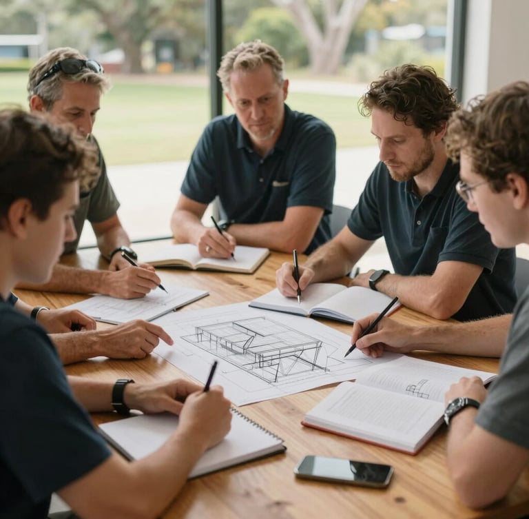 Overcast Australian daylight illuminates a collaborative workshop where church leaders sit around a timber table, analyzing structural diagrams in open notebooks, natural tones, architectural framing.