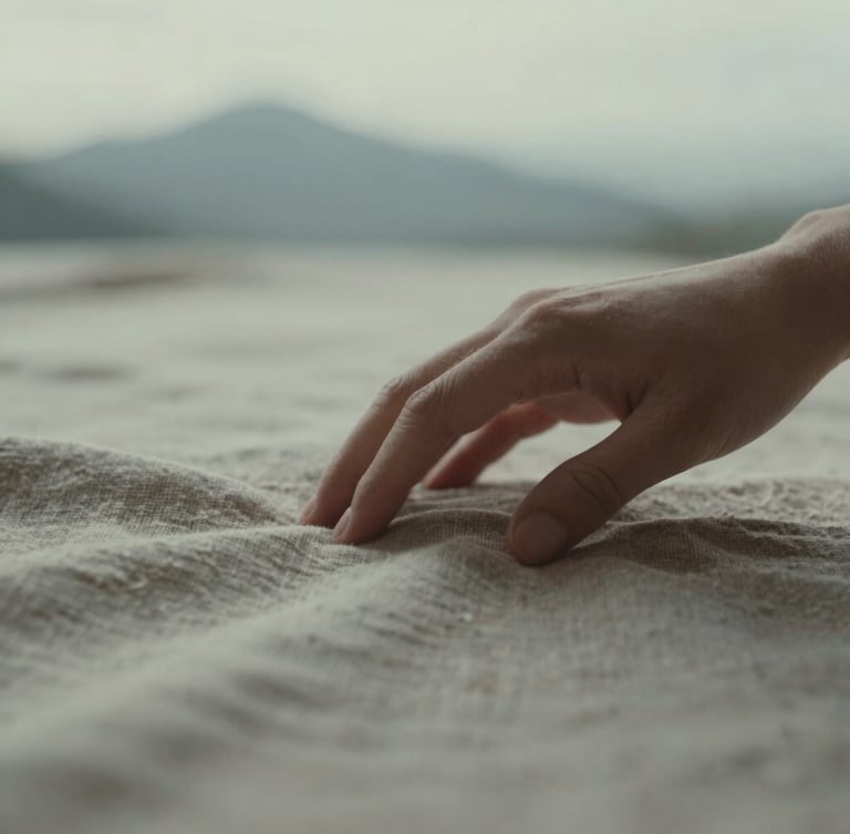 Close-up of a hand gently touching a natural, textured cotton-linen fabric, soft diffused morning light, shallow depth of field, muted earth tones, cinematic editorial photography.