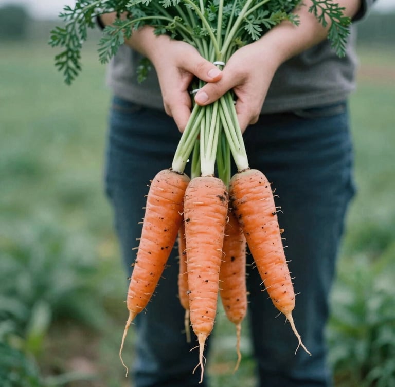 Hands holding raw harvested heirloom carrots with dirt, soft natural daylight, shallow depth of field, 35mm film texture