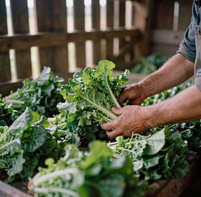 Candid close-up of a farmer sorting freshly harvested leafy greens in a rustic wooden barn, morning light streaming through slats, 35mm film texture