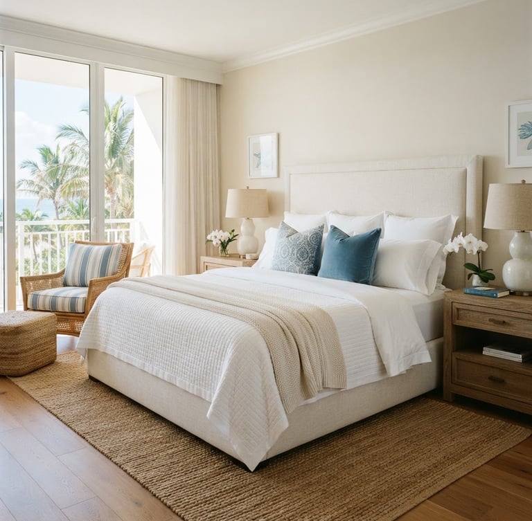 Bright editorial interior photography of a luxury coastal bedroom, crisp white linens perfectly styled on a plush bed, natural Florida sunlight, 35mm