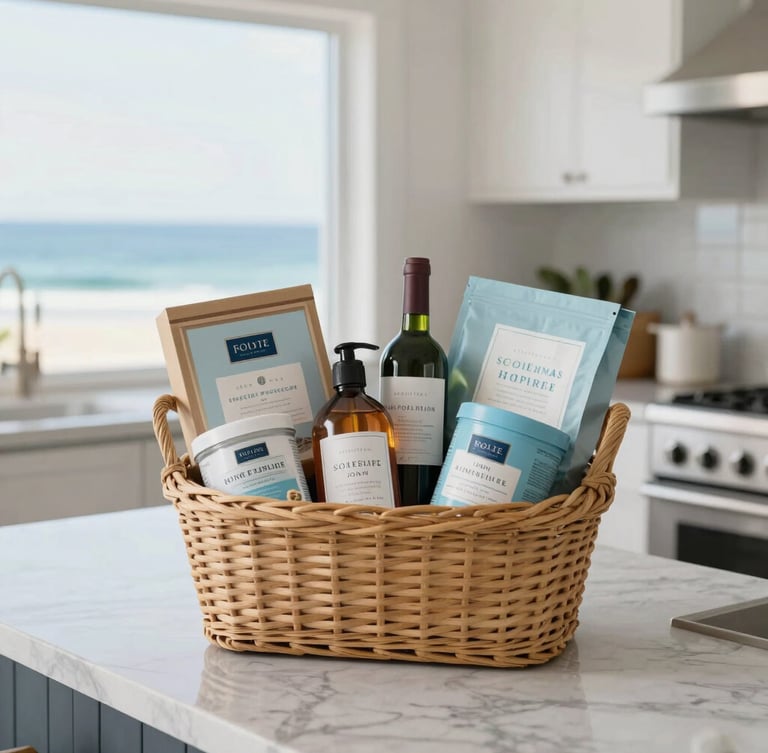 Tight editorial close-up of a curated coastal welcome basket on a polished marble kitchen island, soft natural daylight, 35mm