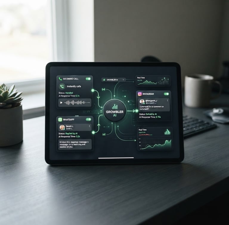 Medium-close shot of a tablet on a clean workspace desk, displaying a UI overlay showing incoming calls, WhatsApp messages, and Instagram comments being resolved instantly by Growbler's AI. Bright natural workspace light with subtle signal-green glows, deep slate background. Sharp focus, 35mm.