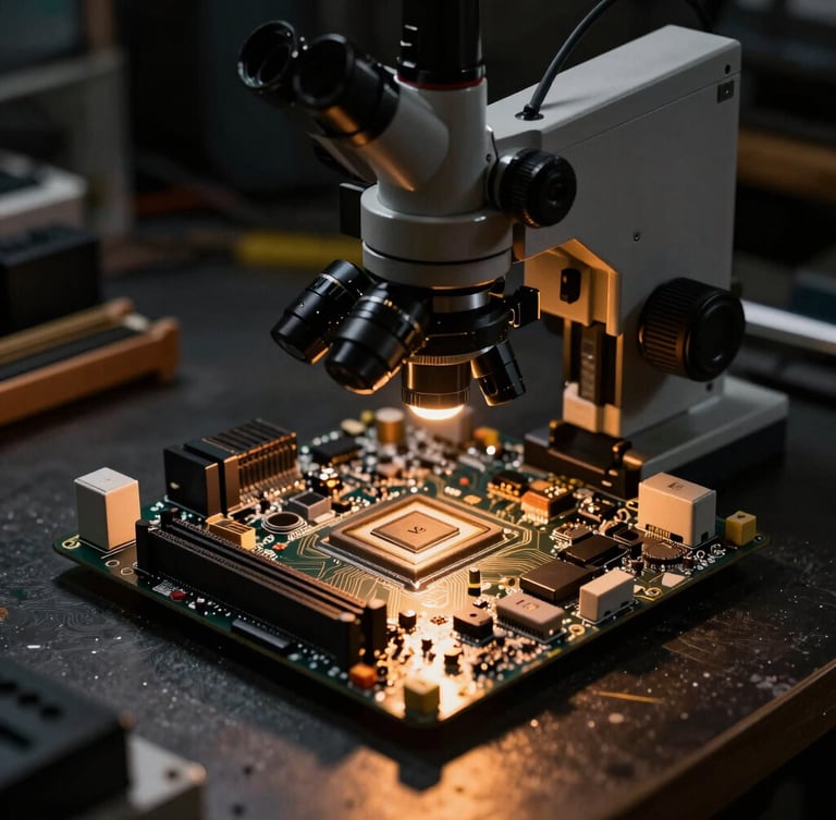 Macro shot of a high-end PlayStation motherboard under a professional microscope, warm amber spot lighting, dark industrial workshop background, high contrast, 35mm