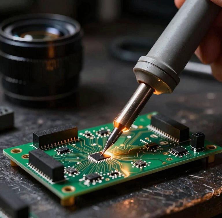 Macro shot of a soldering iron tip applying solder to a green circuit board, warm amber glow from the soldering station, dark industrial workshop background, high contrast, 35mm lens