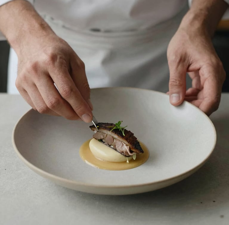 Close-up of chef hands carefully plating a minimalist dish, soft scandinavian daylight, matte finish, muted earth tones, 35mm lens