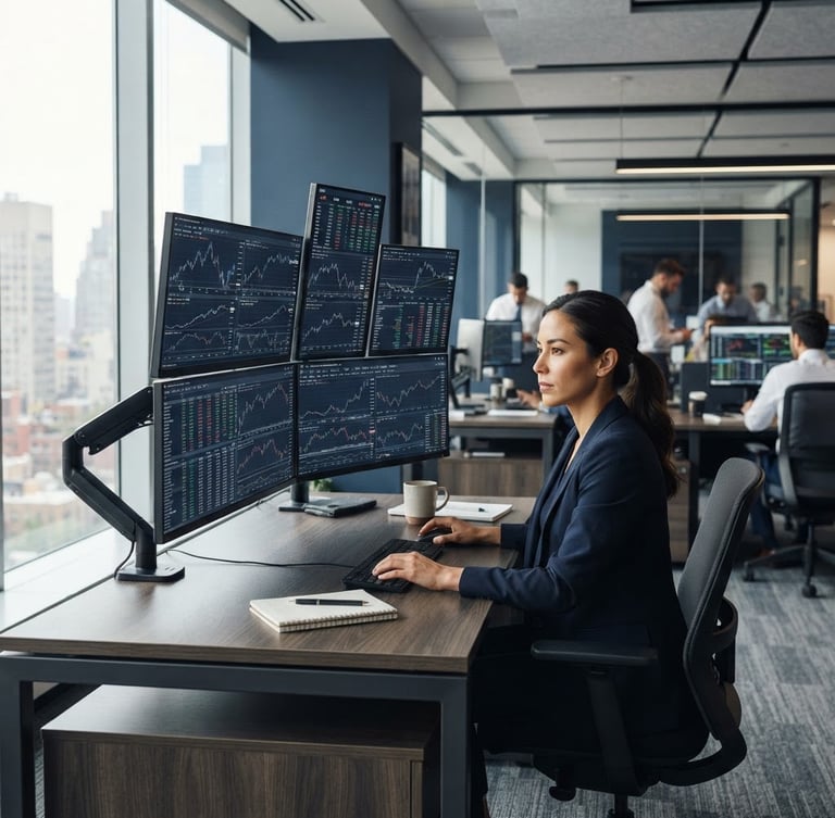 Modern corporate office environment, focused on a trading desk with multiple screens displaying financial data, natural daylight, deep navy and slate tones, sharp focus, 35mm architectural lens