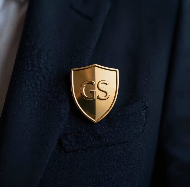 Macro shot of a polished gold GS shield lapel pin on a tailored dark navy suit jacket, shallow depth of field, cinematic moody lighting, 35mm lens