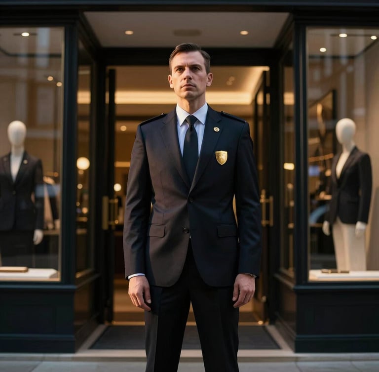 Cinematic low-key photography of a security professional in a perfectly tailored dark suit, gold shield lapel pin catching golden-hour light, standing discreetly in a luxury Mayfair retail entrance at dusk