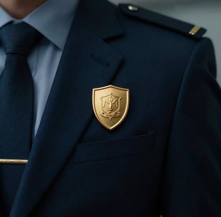 Discreet close-up of a security professional's lapel with a gold shield pin, tailored navy wool suit, low-key dramatic lighting, shallow depth of field.