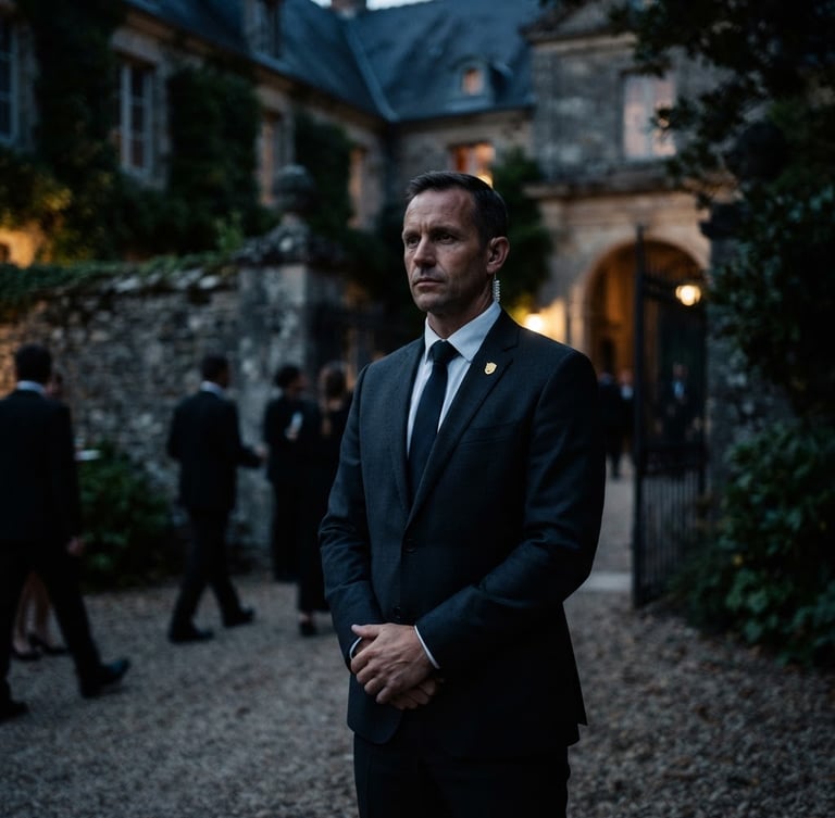Cinematic low-key photograph of an impeccably dressed close protection officer in a tailored dark suit, gold lapel pin, standing discreetly in a dimly lit luxury estate courtyard at dusk.