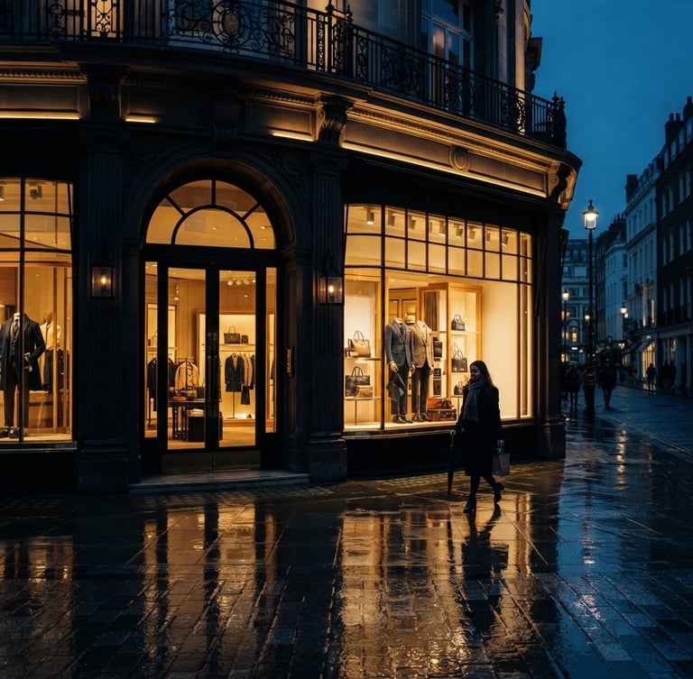 Cinematic wide-angle architectural shot of a luxury boutique storefront at dusk in Mayfair, warm golden light spilling onto wet pavement, low-key dramatic lighting, 35mm lens