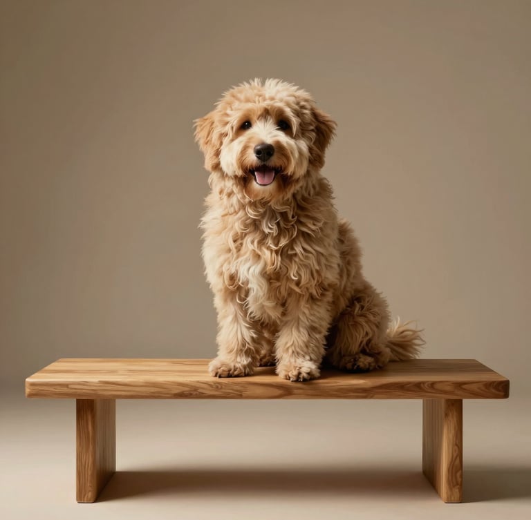 A happy, fluffy dog sitting on a beautiful minimalist wooden bench in a professional pet photography studio, warm soft lighting, clean background.