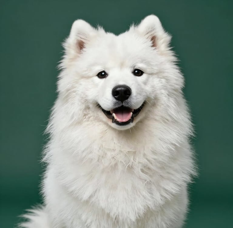 A fluffy, perfectly groomed white Samoyed dog smiling at eye level, soft studio light highlighting its clean coat, deep green background
