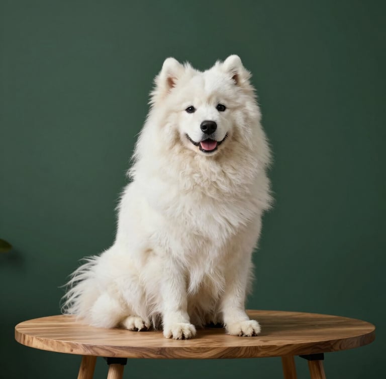 A fluffy Samoyed dog sitting proudly on a minimalist wooden grooming table, soft natural side lighting, deep green elegant studio background