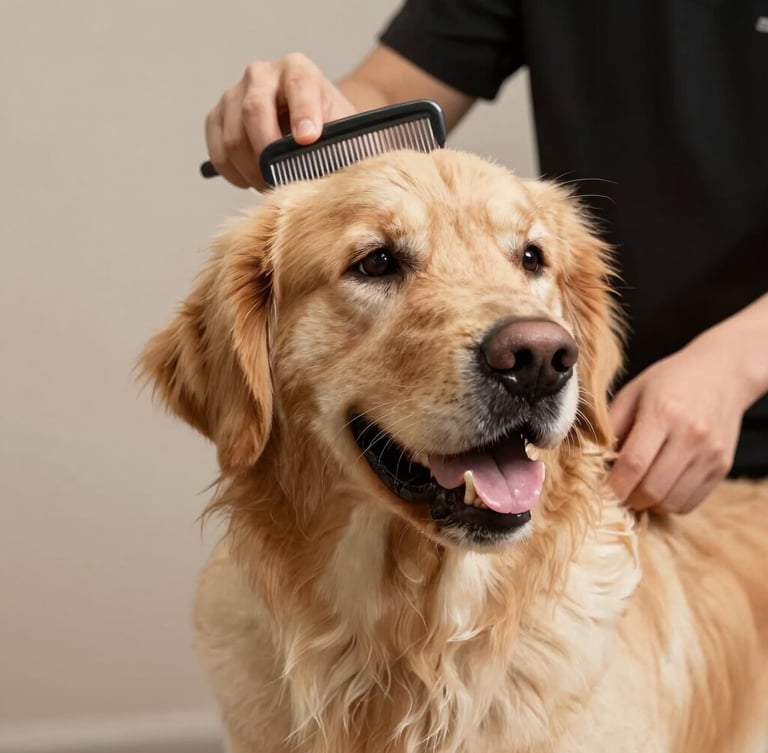 Close-up of a professional groomer gently combing a happy Golden Retriever's clean, shiny coat, soft warm studio lighting, clean background