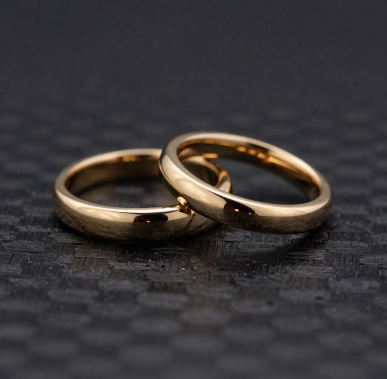 Pristine finished champagne gold rings on a dark textured carbon surface, dramatic high-contrast studio lighting, sharp metallic reflections, 85mm lens