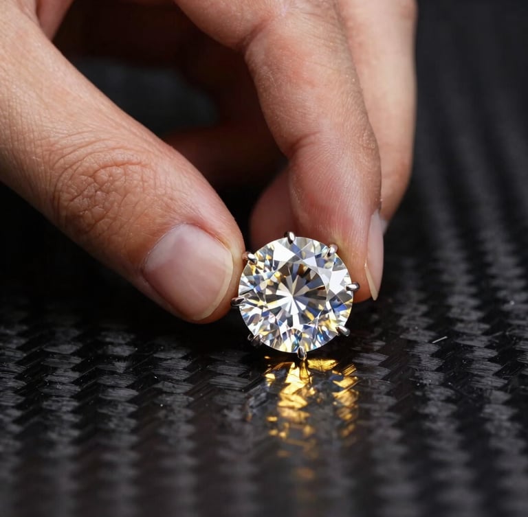 Extreme close-up macro photography of a master setter placing a moissanite stone into a multi-prong setting under sharp studio spotlights, dark carbon background, metallic gold reflections