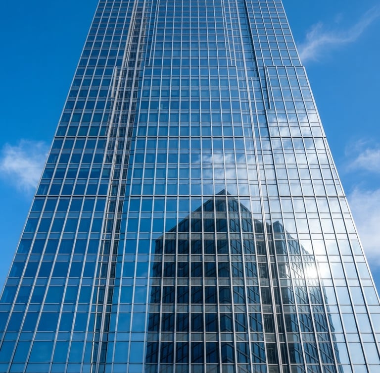 A towering modern skyscraper facade with crisp geometric glass reflections of blue sky and morning sun, architectural framing, 35mm lens