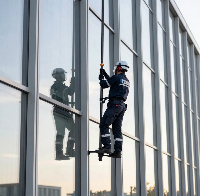 A technician in clean branded gear operating an advanced carbon-fiber water-fed pole system against a large architectural glass window, crisp morning light