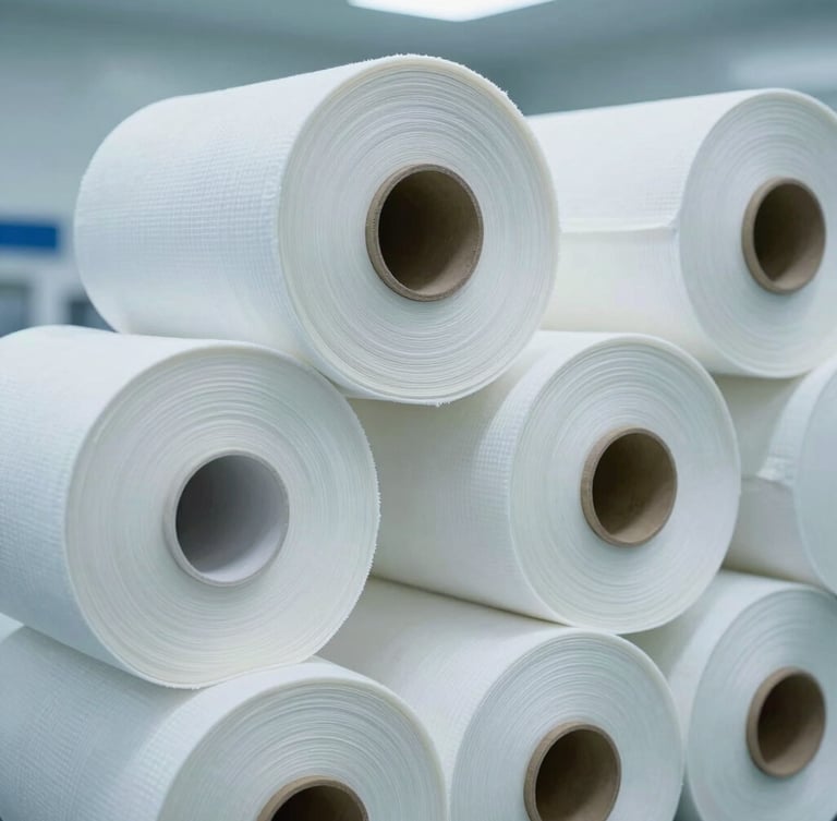 Macro architectural shot of tightly woven clinical white fabric rolls stacked in a sterile, bright warehouse environment with cool blue lighting.