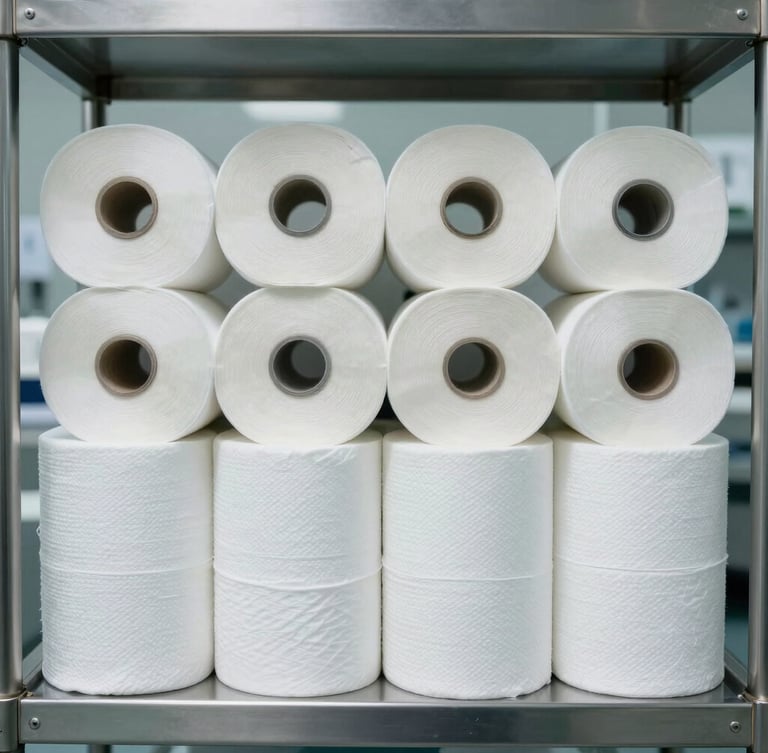 Straight-on clean architectural shot of neatly stacked bolts of white clinical fabric and surgical gauze rolls on a stainless steel shelf, sterile bright laboratory lighting