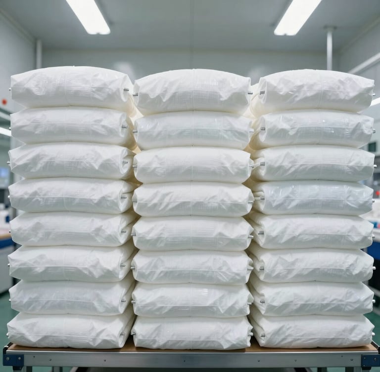 Straight-on architectural view of neatly stacked bolts of sterile white clinical fabric inside a brightly lit, clean manufacturing facility, high-precision industrial lighting.