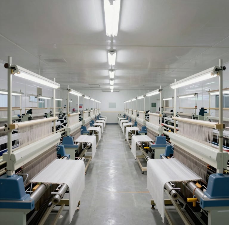 Straight-on architectural shot of a sterile, brightly lit textile manufacturing floor in Vijayawada, showing neat rows of high-speed weaving looms under clean white light.