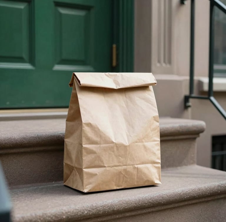 Warm editorial photography of a minimalist, unmarked paper delivery bag resting on a clean Brooklyn brownstone stoop, natural afternoon window light with soft shadows, rich forest green and cream tones, shallow depth of field, 35mm