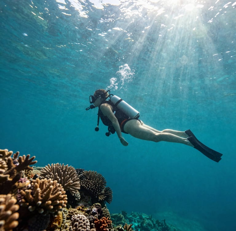 A close-up of a single diver in a moment of calm weightlessness, pristine coral details nearby, natural high-contrast underwater sunlight filtering down, premium feel