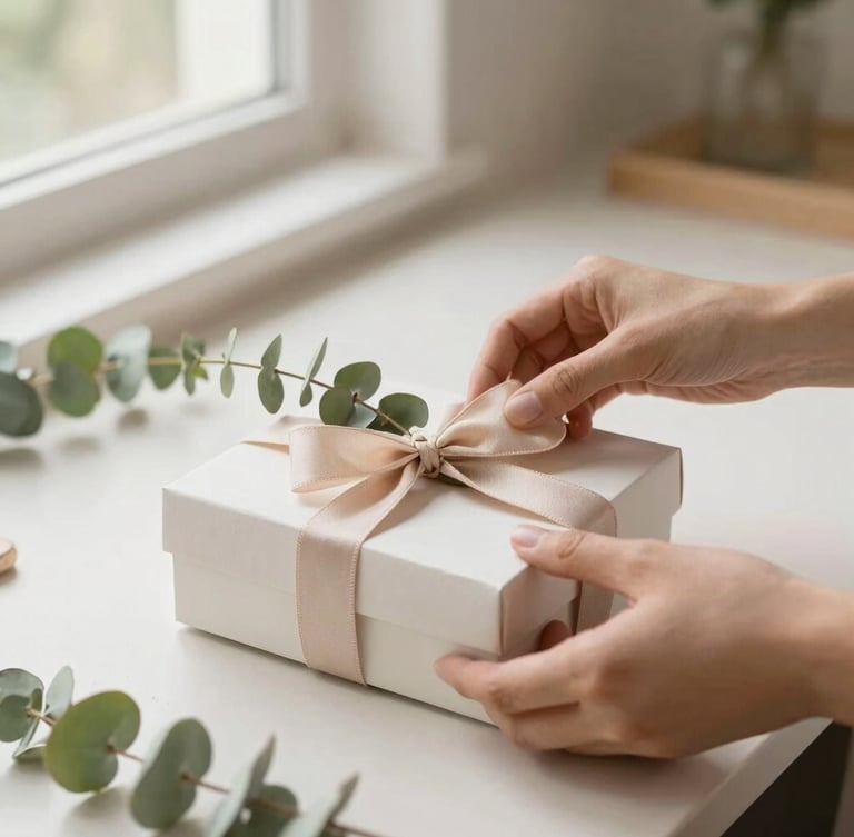 Hands of an artisan arranging a custom gift box with delicate eucalyptus leaves and soft textile ribbons, natural light, warm minimalist workshop background