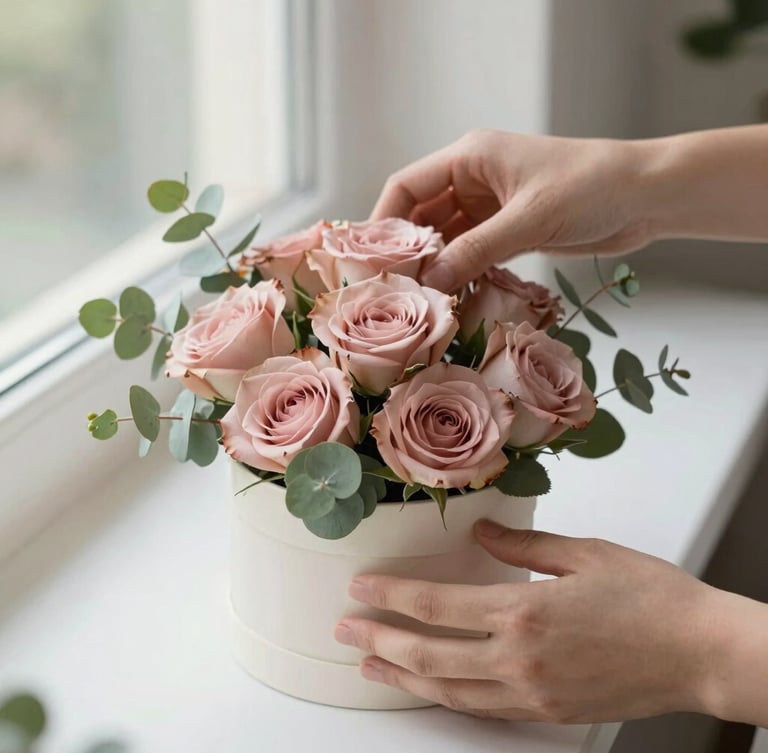 Elegant editorial photography of hands carefully arranging a custom gift box with soft dusty rose roses and fresh eucalyptus leaves, soft natural window light, shallow depth of field, 35mm